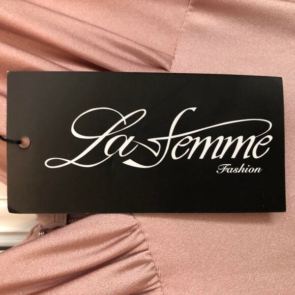 NWT LA FEMME Plunge Neck High Slit Party Gown Sleeveless Mauve Pink 4 MSRP $318 - Picture 8 of 9